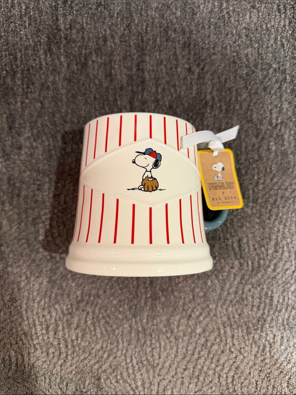 Peanuts By Ray Dun Snoopy Play Ball Striped Ceramic Mug - White with Red Stripes